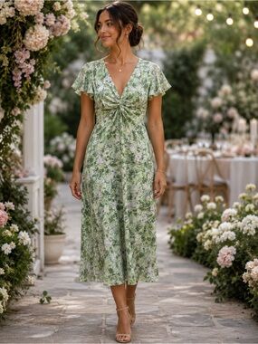 Green Floral Maxi Dress with Twist Front